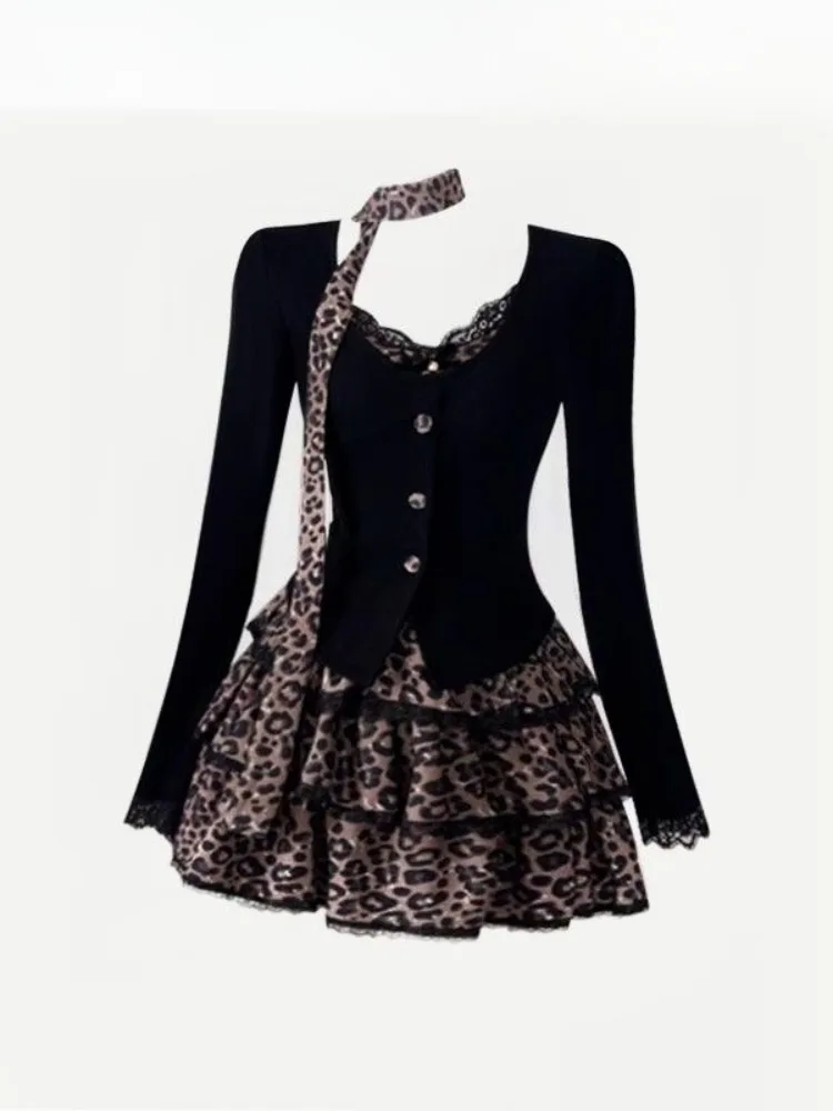 

Fake Two Piece Patchwork Long Sleeve Tops Women+ High Waist Leopard Print Ruched A-line Skirts Spring Autumn New Two Piece Sets