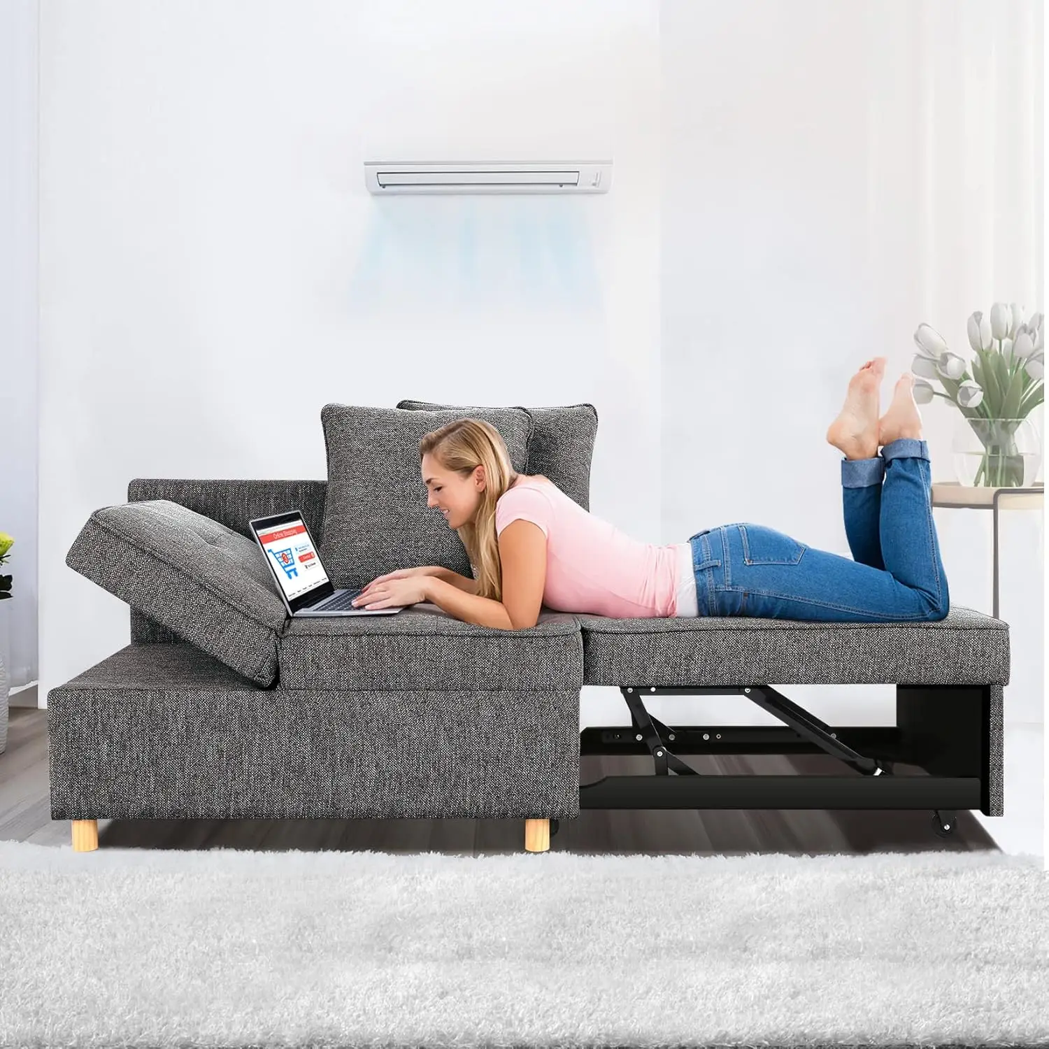 Sofá cama 4 en 1, sofás y sofás convertibles, sofá de dos plazas de tela de lino de 3 asientos con 2 cojines, sillón reclinable individual