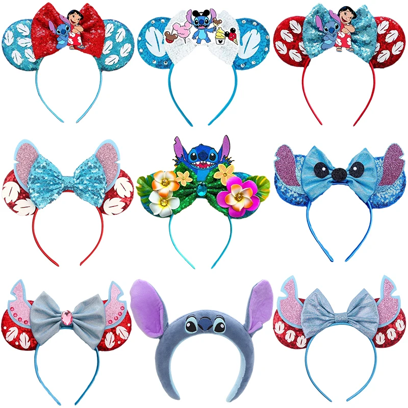 Disney Lilo Stitch Ears Headbands for Girls Kids Mickey Mouse Hairbands Women Sequins Bows Hair Accessories Party Headwear Gifts