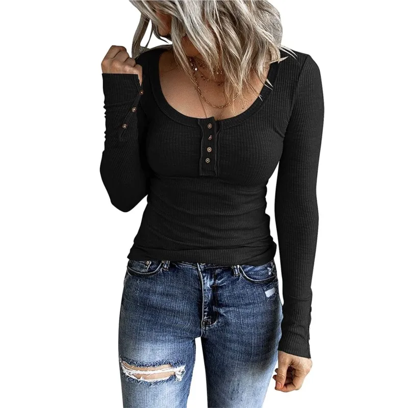 New T-shirt For Women Solid Color Sexy Skinny Tops Round Neck Long Sleeve Casual Fashion Vintage Female\'s Tee 2024 Spring Summer