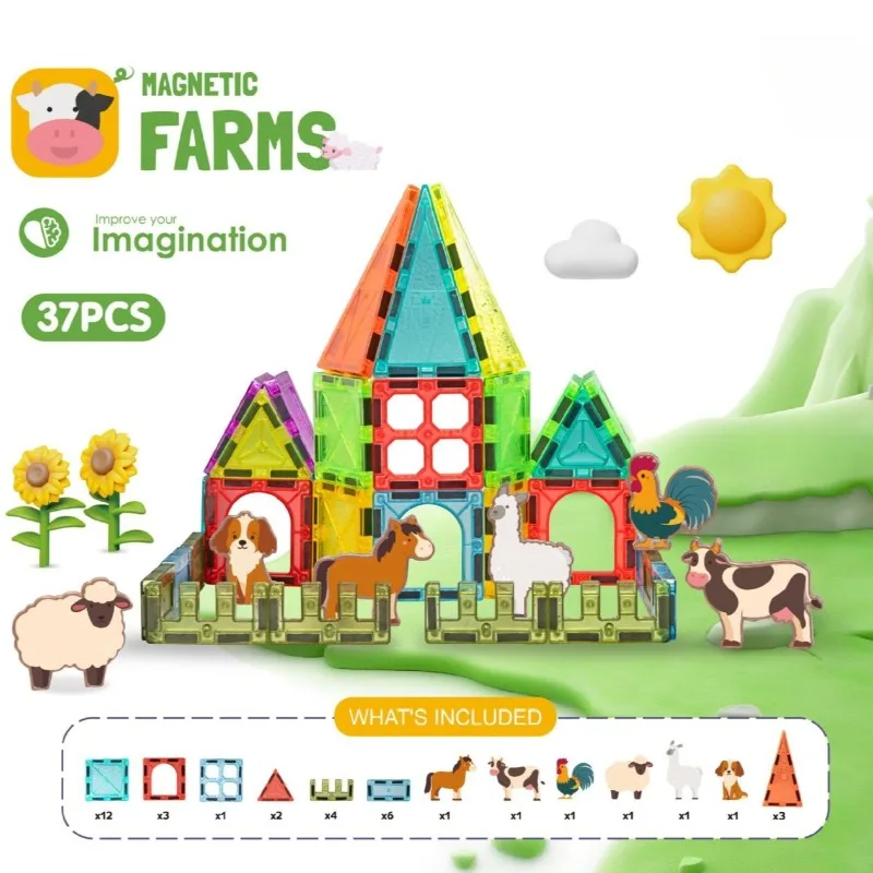Animal Farm Magnetic Building Blocks Set Magnetic Sheet Construction Building Puzzle Tiles Boys Girls Kids Montessori Toys Gifts