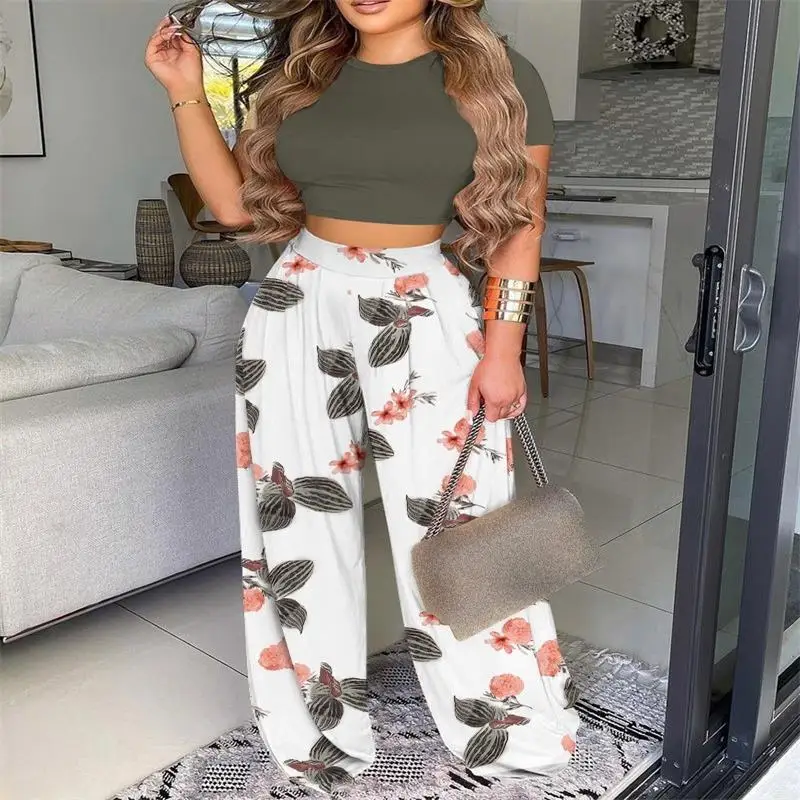 Elegant Women\'s Two Piece Sets Summer Solid O-neck Short Sleeve Slim Crop Short Top & Print High Waist Wide Leg Pants Outfits