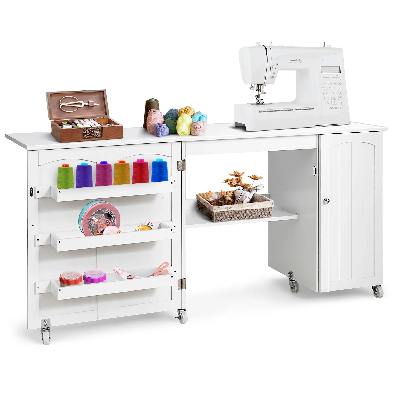 2 in 1 sewing table folding sewing wardrobe, craft table with work Plate & shelves & door wardrobe, mobile desk with