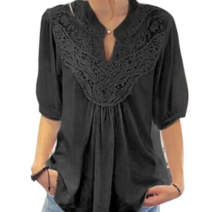 T-shirt à col creux en dentelle pour femmes, coupe ample, lanterne en Fiber de Polyester, Sve Five Quarter Sve Color