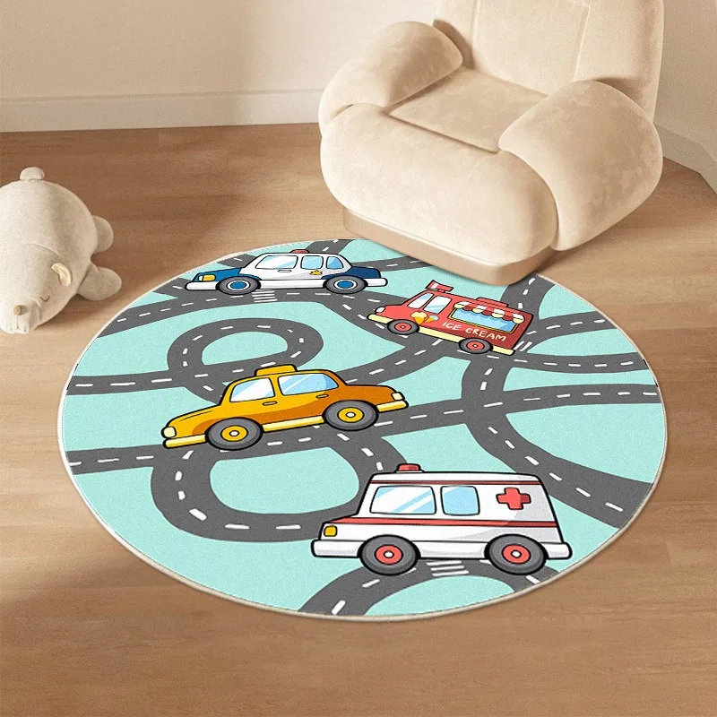 Transportation Track Round Rug for , Interactive Vehicle Game Floor Mat for Living Room, Bedroom or Play Area