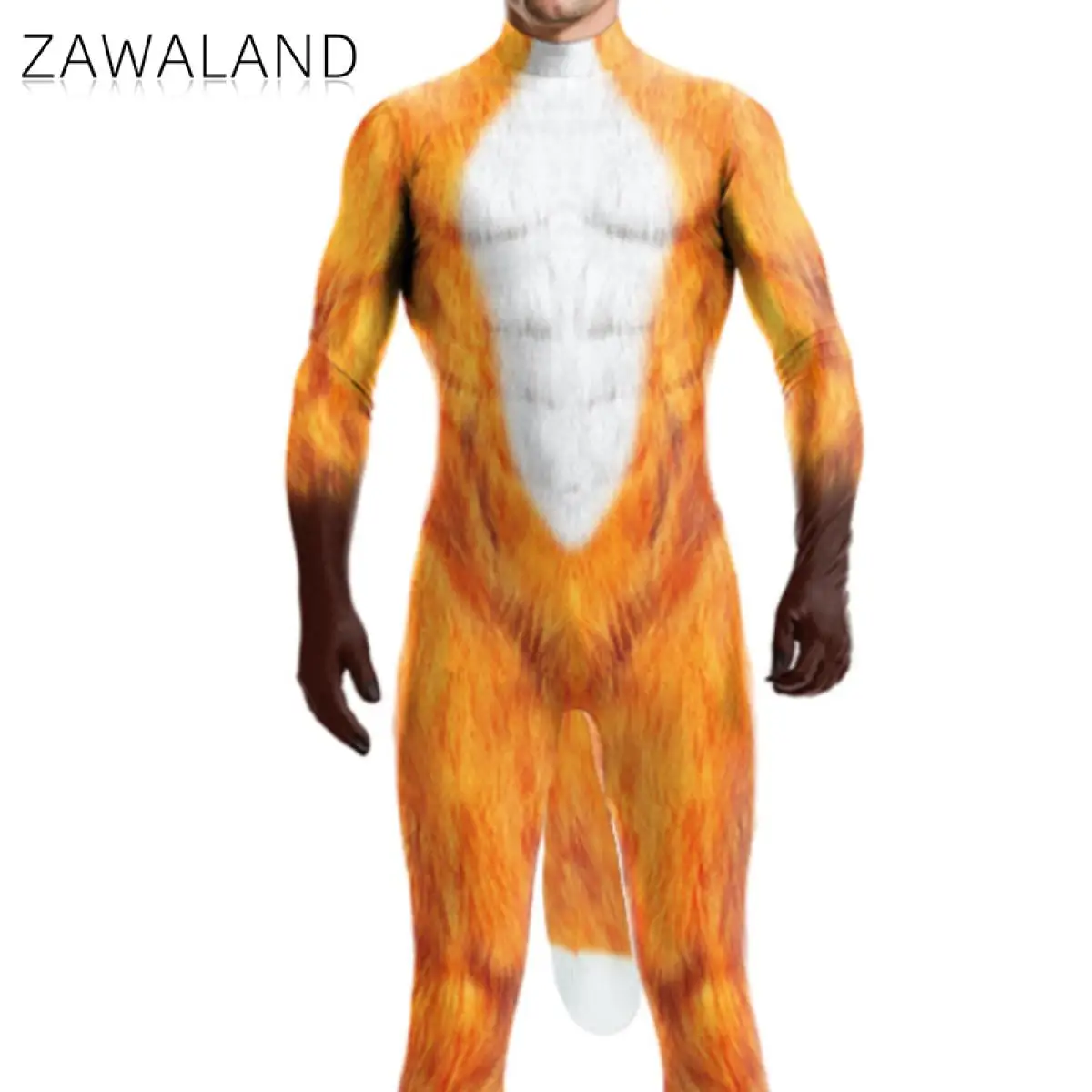 

Zawaland Fox Furry Petsuit для мужчин, полное боди с животными и хвостом на молнии в промежности, карнавальный костюм, маскировочная одежда для Хэллоуина