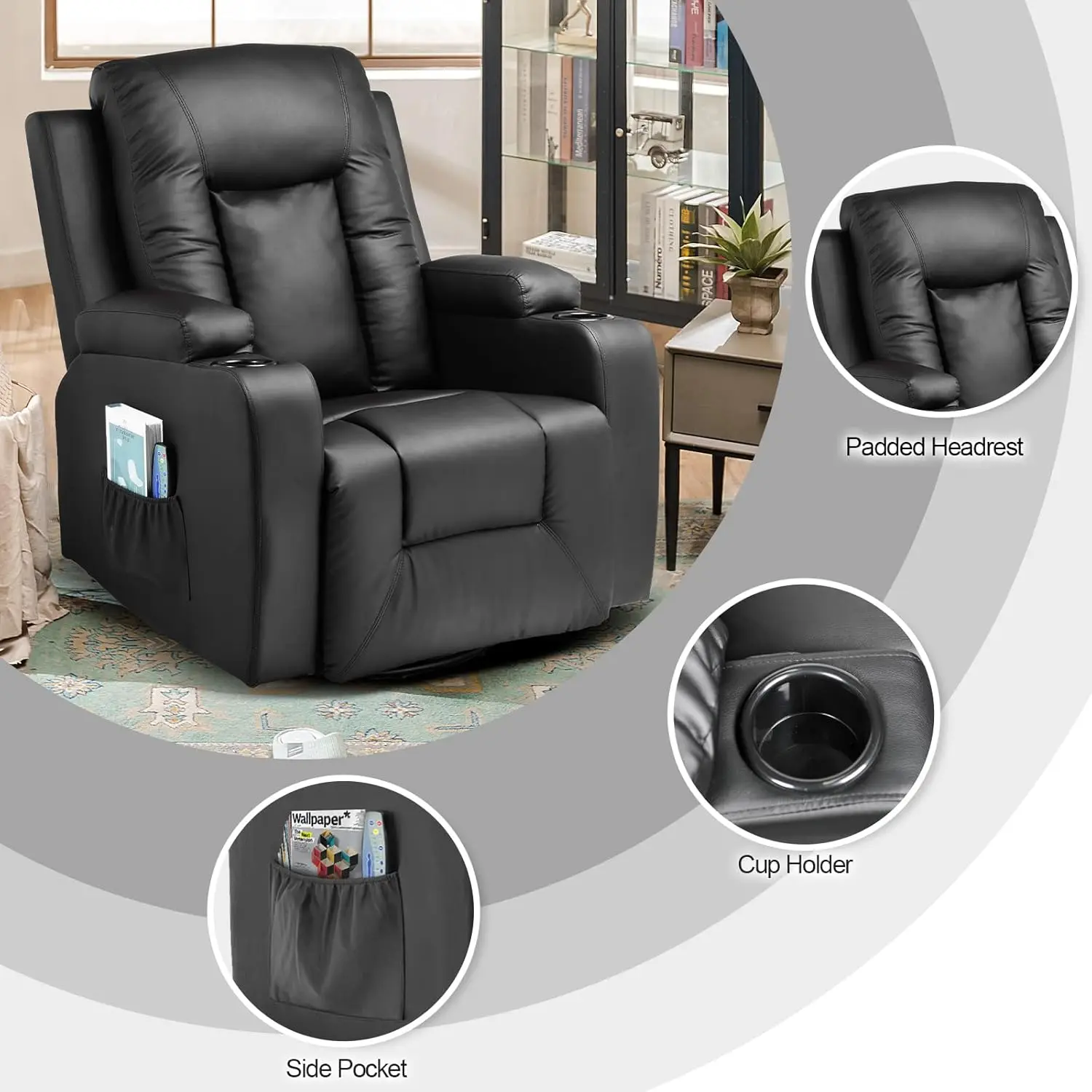 Recliner Chair, PU Rocking Chair for Adults, Swivel Recliner with Cup Holders, Heat and Massage, Single Sofa Seat with Side Pock