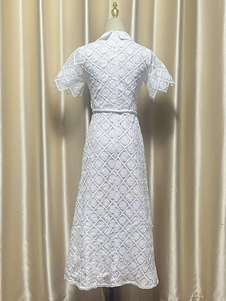 Abiti a rete con fiori 3D di alta qualità Primavera Donna Risvolto a maniche corte Abito grande altalena Abito estivo a vita alta con cerniera al ginocchio