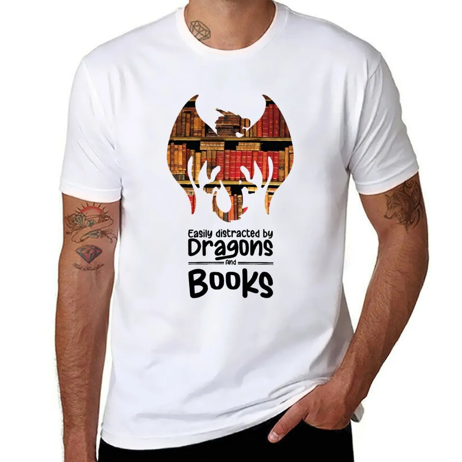 

Easily Distracted by Dragons and Books Dragon Lovers and Book Lovers T-Shirt man t shirt graphic man t shirt summer T-Shirt