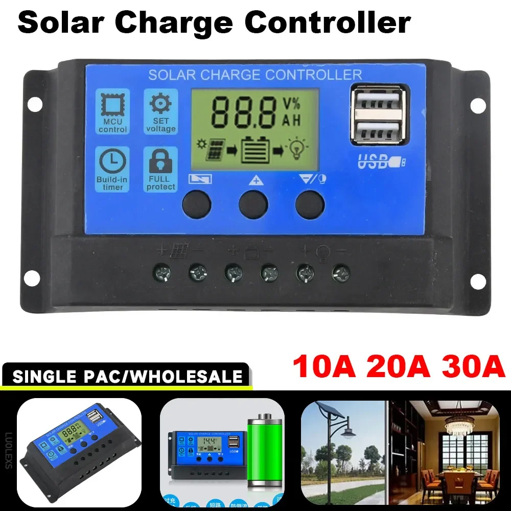 New Solar Charge Controller 12V24V 30A/20A/10A Auto LCD Dual USB 5V Output Photovoltaic Solar Panel PV Regulator Load Discharger