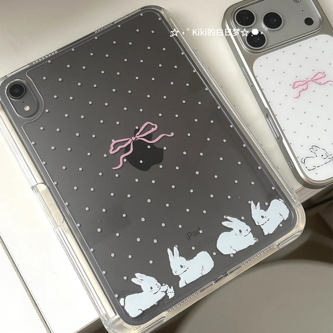 Korean Ins Rabbit Ribbon Wave Point Y2K Cover For iPad Pro 13 11th M5 M4 12.9 A16 10 8 7 9th 10th Air 11 M2 M3 Mini Tablet Case