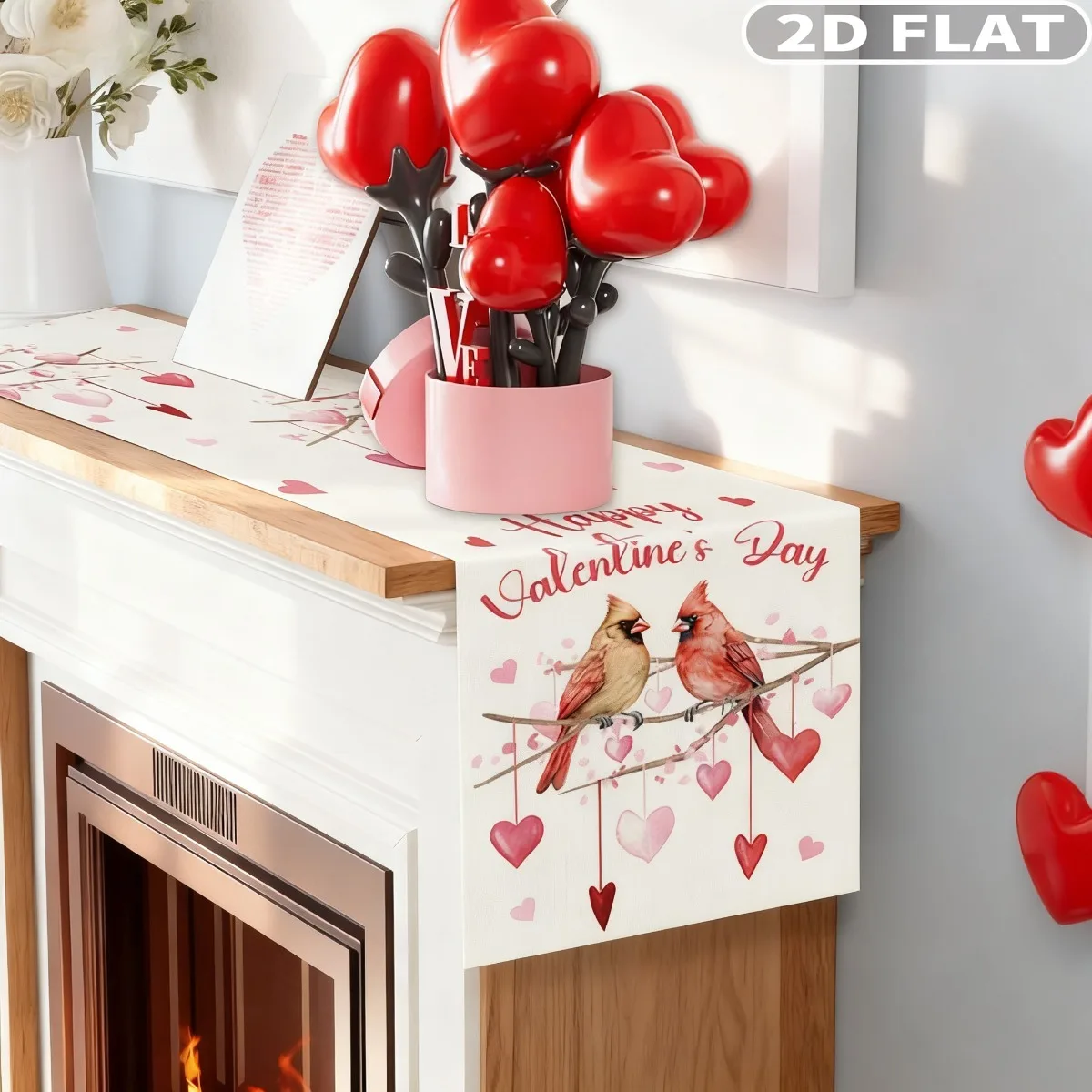 2D FLAT 1pc Happy Valentines Day Table Runner Cardinal Bird Love Hearts Kitchen Dining Table Holiday Anniversary Indoor Home