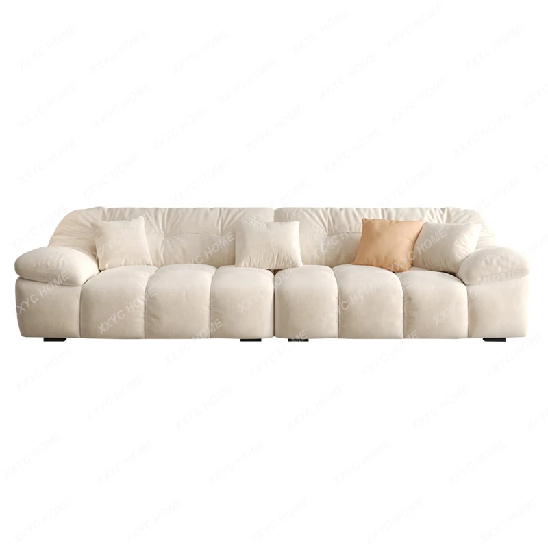 Cream Cloud Sofa Silent Style Fabric Sofa Straight Row Four-Seater Sofa Milk French Skin Flannel