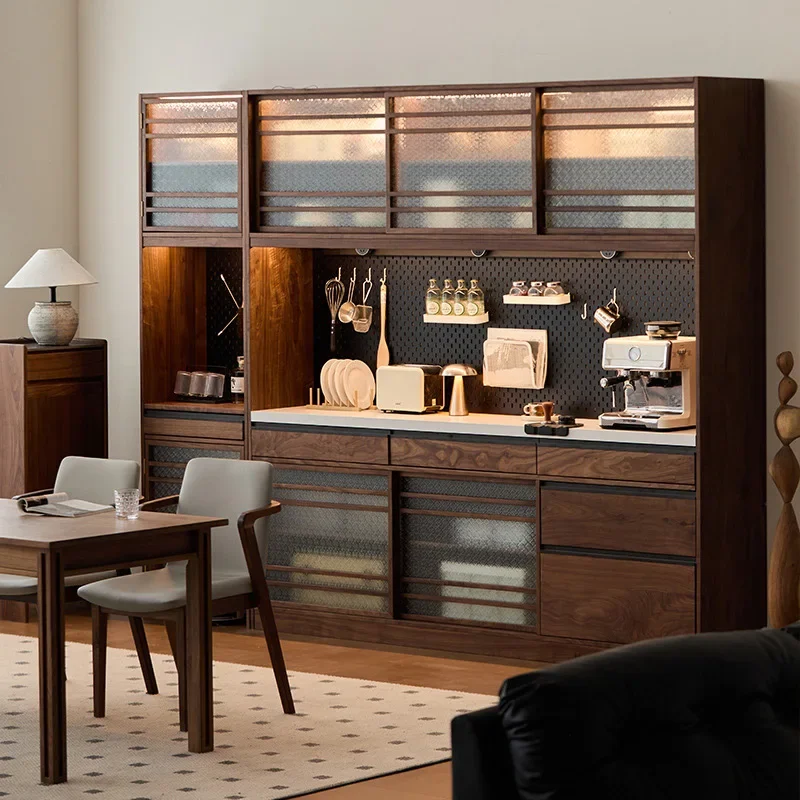 North American black walnut dining side tea cabinet restaurant integrated against the wall storage high cabinet