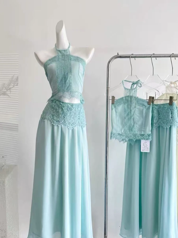 

French vacation style temperament hanging neck suspender top lace long skirt women's summer 2026 new elegant two-piece set
