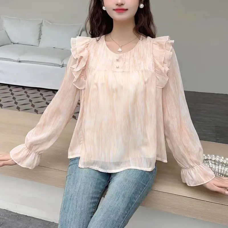 Sweet Printed Ruffles Spliced Blouse Korean O-Neck Female Clothing Fashion Folds Spring Autumn Loose Casual Long Sleeve Shirt