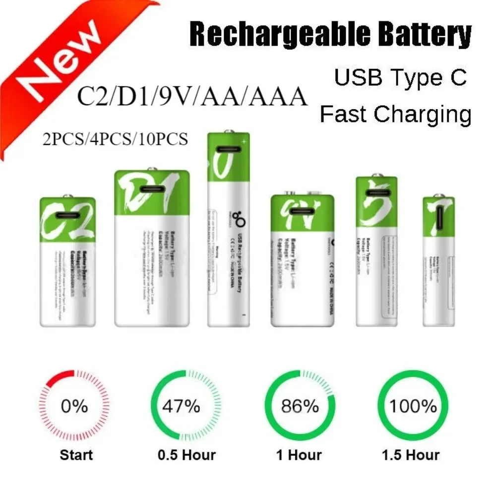 Batteries Li-ion rechargeables AAA/AA/9V/C2/D1, câble de Charge rapide USB Type C