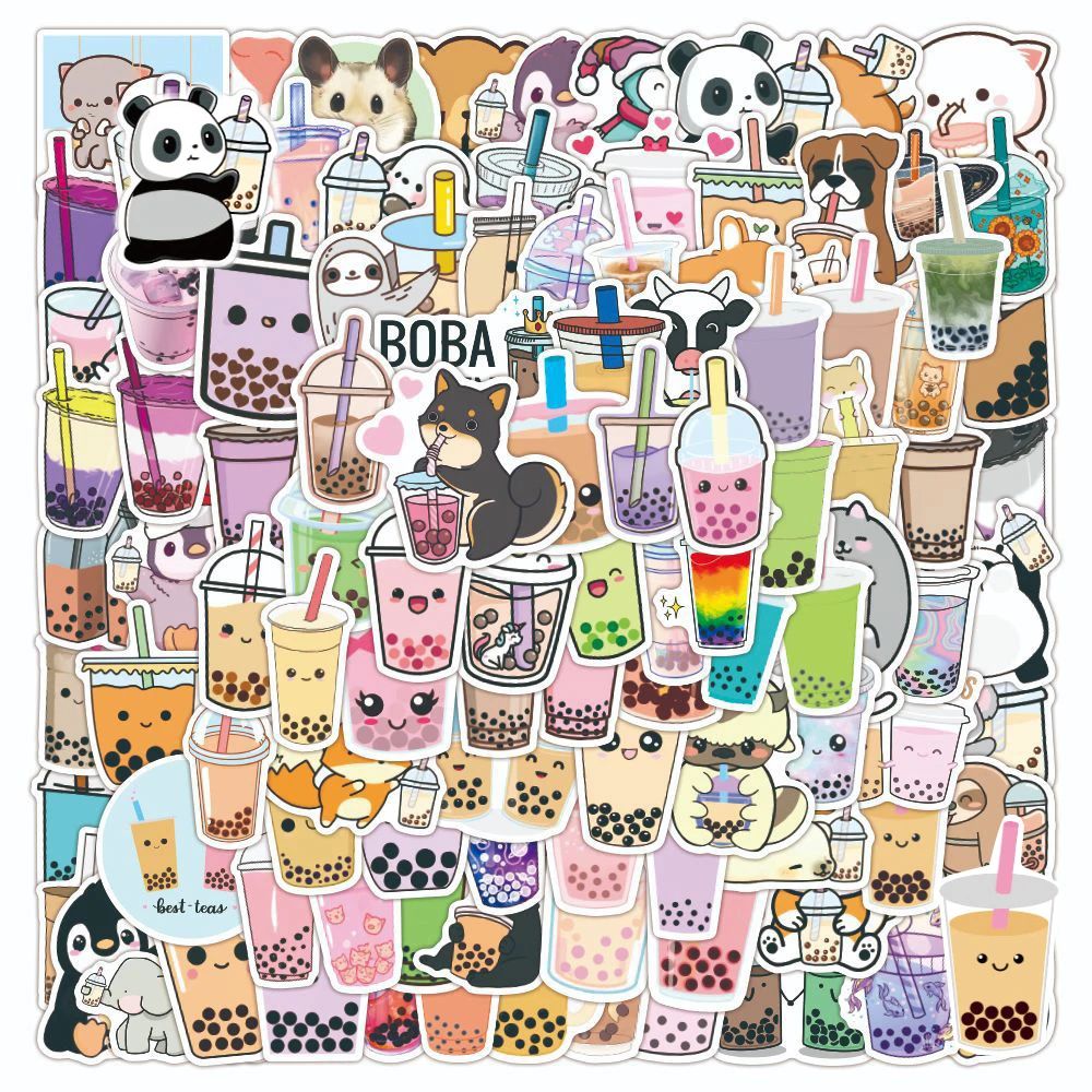 Pegatinas Kawaii de té de burbujas para niños, decoración estética, botella de agua, álbum de recortes, guitarra, portátil, dibujos animados, 10/30/50/100 Uds.