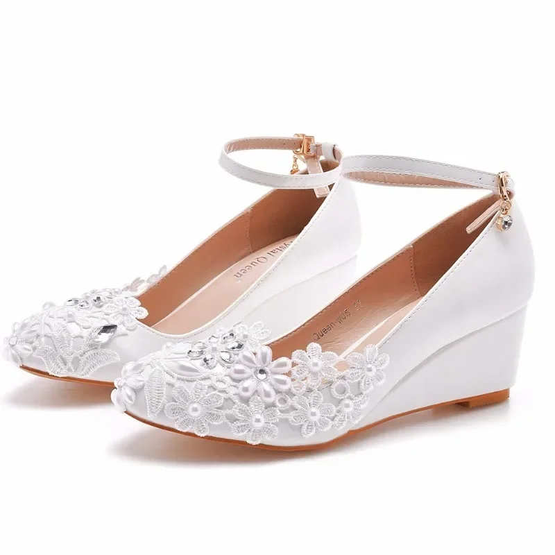 Pumps Women Office Round Toe Lace Buckle Strap PU 5CM Wedges Dress Sandals Japanese Style Party Shoes Woman White Classics