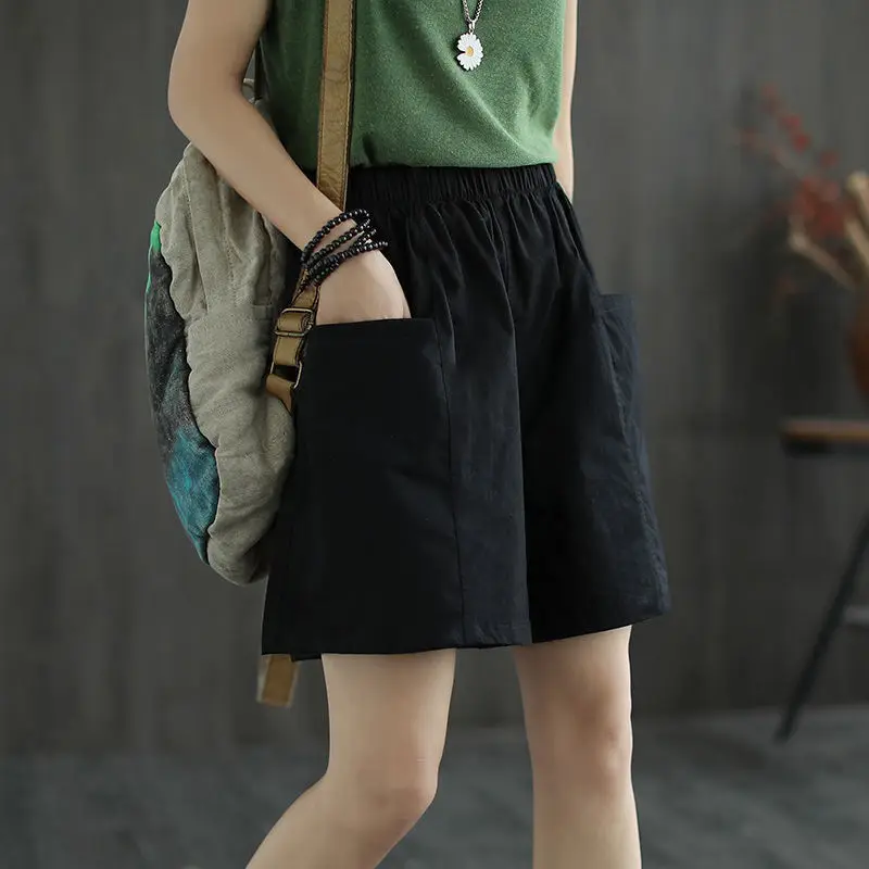 Women's Cotton Linen Shorts Comfortable Loose Wide-legged Drawstring Pants Casual Solid Color Ladies Short Femme