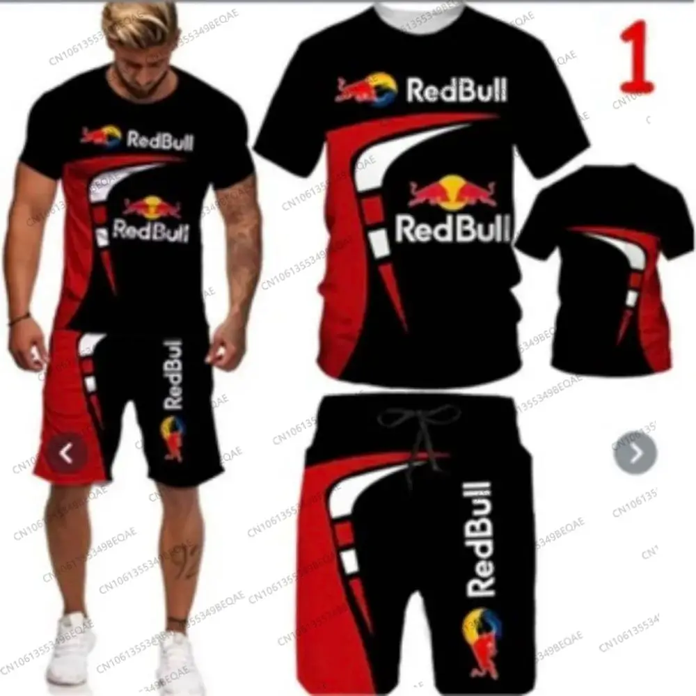 2025 New Summer Red Bull Brand 3D Printed Men's Sports Round Neck T-shirt Shorts Set Breathable Cycling Suit - Image 3