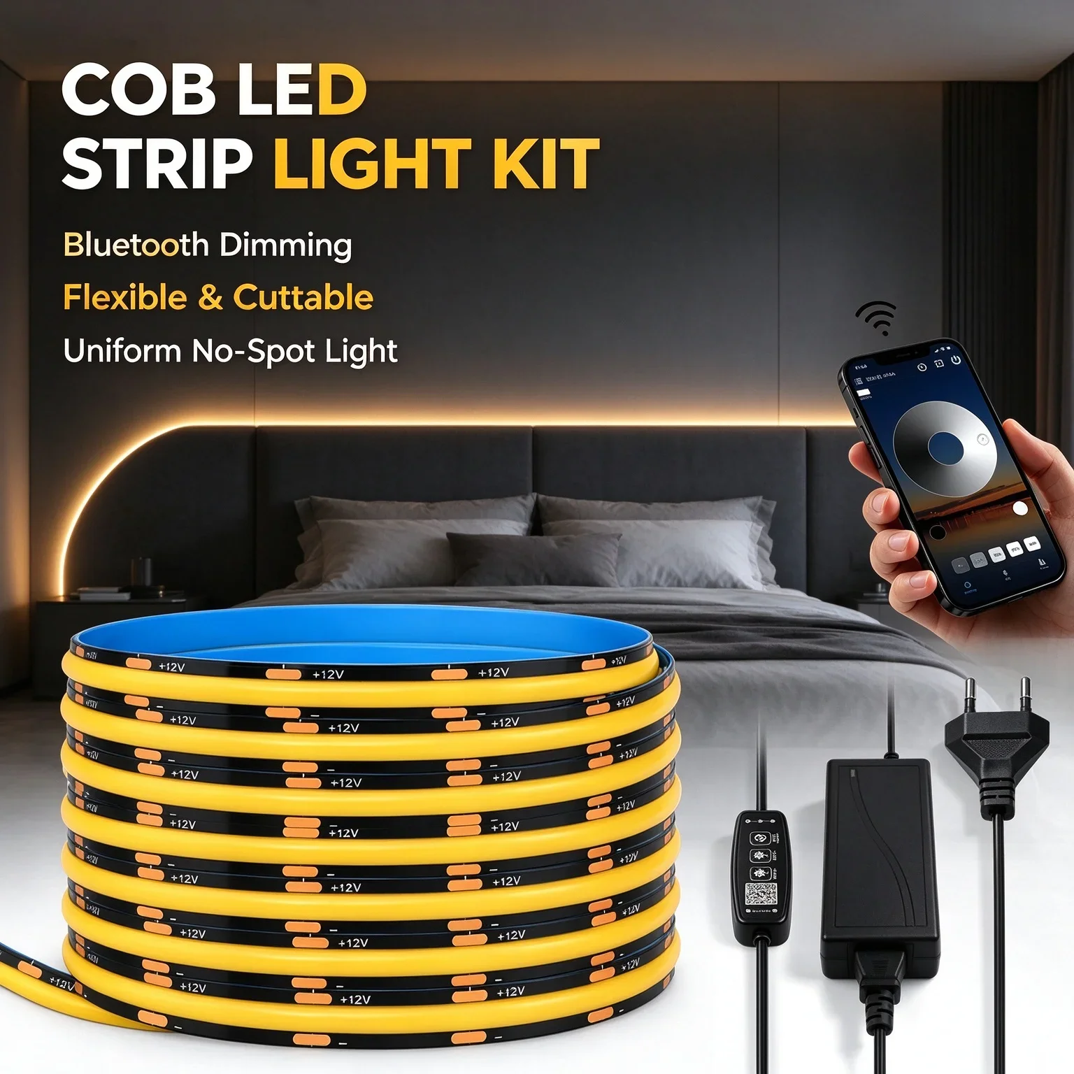 DC12V COB LED Light Strip, EU US UK Supported with Remote + APP Dual Control, Adjustable Brightness, Cuttable Strip For Home Dec
