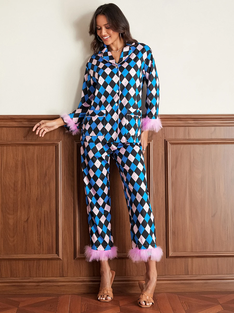 Women Pajamas Pant Set Furry Patchwork Striped Plaid Long Sleeve Tops with Pockets + Pants Sleepwear Female Casual Loungewear