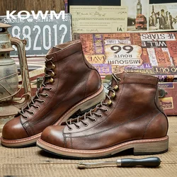 KOWM cowhide Hiking shoes men walking boot British trekking shoes thick soled cowhide ankle sneakers high top motorcycle boots