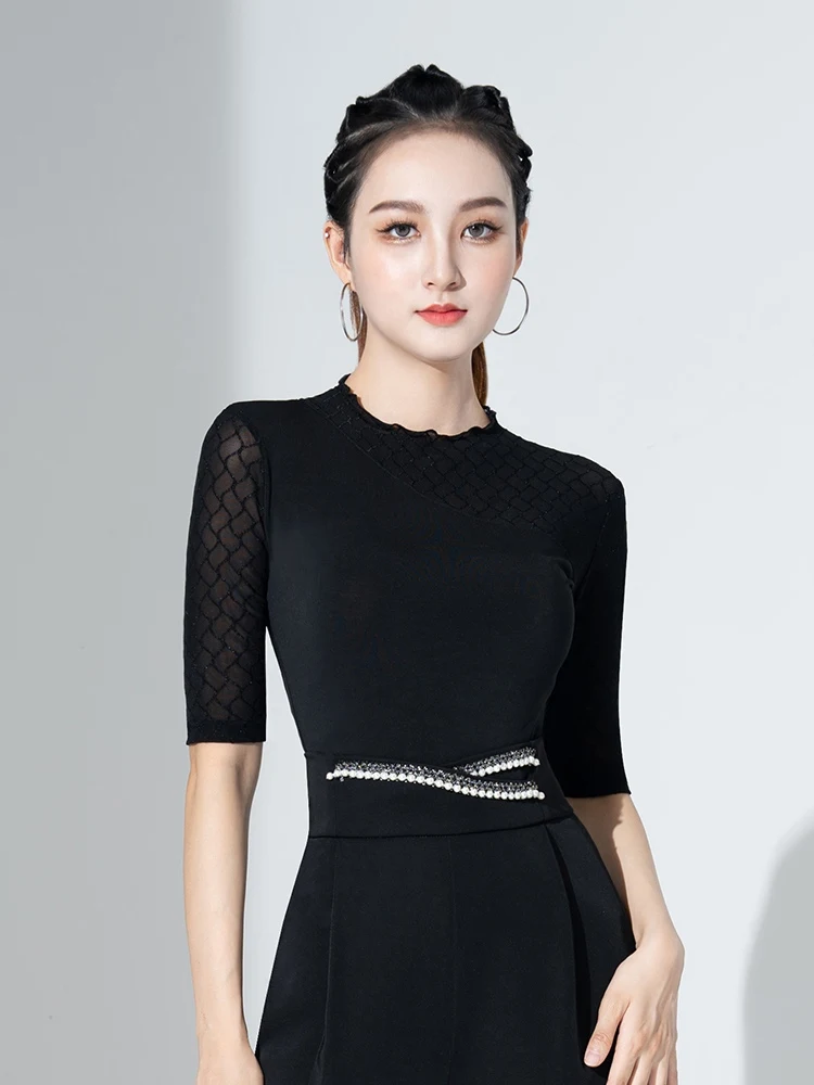 2025년 신상 라틴 댄스 홀로우 반소매 탑 여성용 국가 표준 댄스 차차 룸바 볼룸 모던 댄스 의상 DQL11678