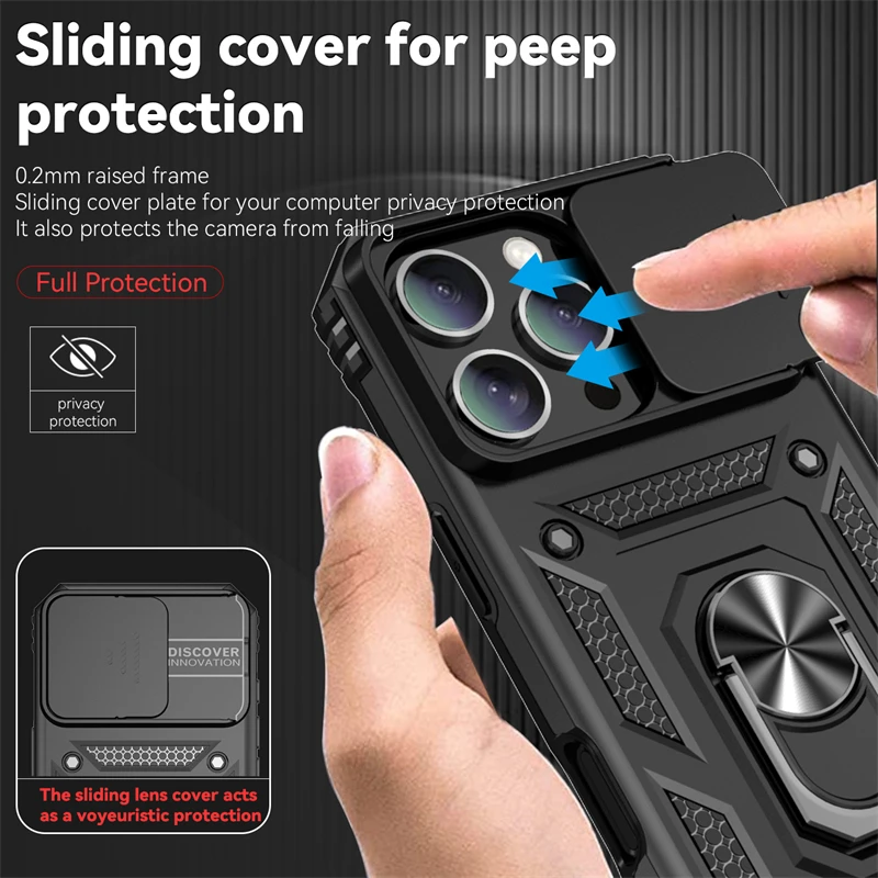 Military Sliding Window For iPhone 16 Pro Case Armor Metal Ring Stand Magnetic Drop Protector Case For iPhone 16 Pro Max Cover