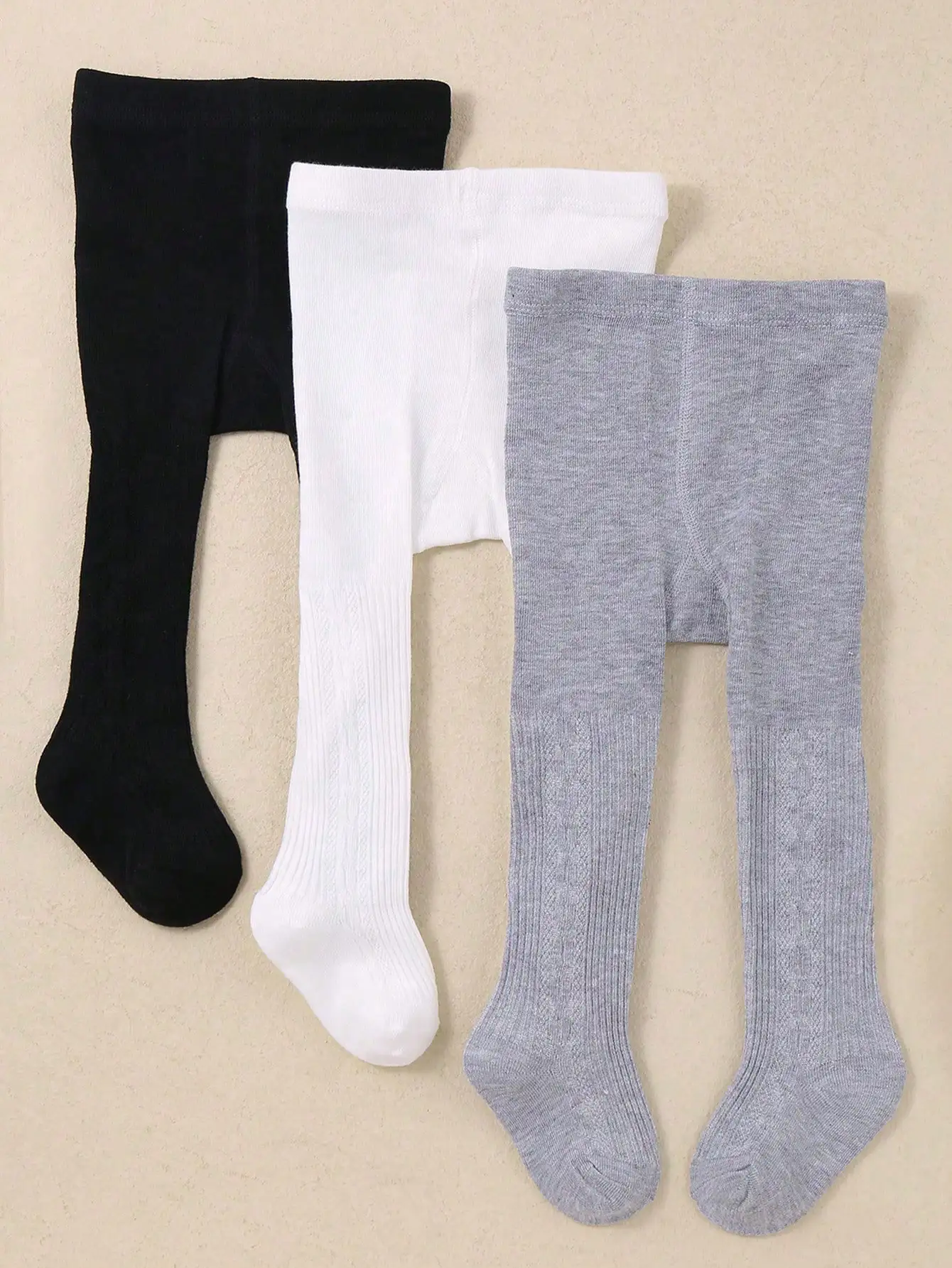 

3-Pack Baby Girl Cable Knit Tights in Black, White & Grey - Soft Warm Leggings for Autumn Winter Daily Wear