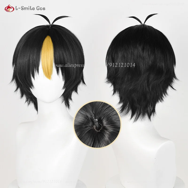 Anime Cos Yu Nishinoya Yu Cosplay Wig 30cm Short Black With Gold Highlights Wigs Heat Resistant Synthetic Hair Halloween Party