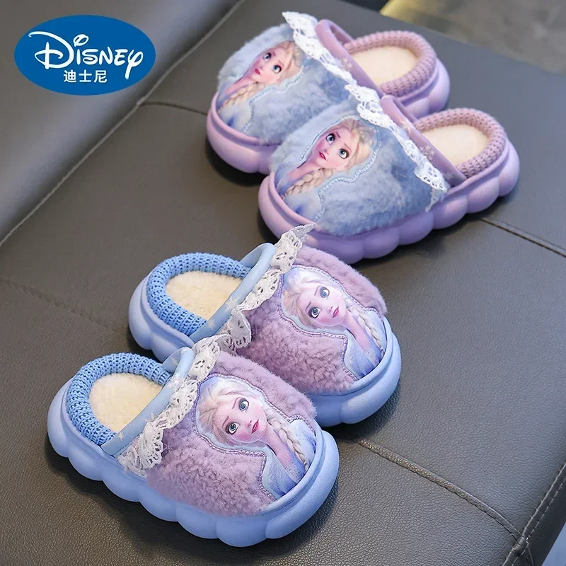 Disney Winter Kids Cotton Slippers Girls Frozen Elsa cartoon Slippers Warm Plush Home Girls Cotton children Slippers