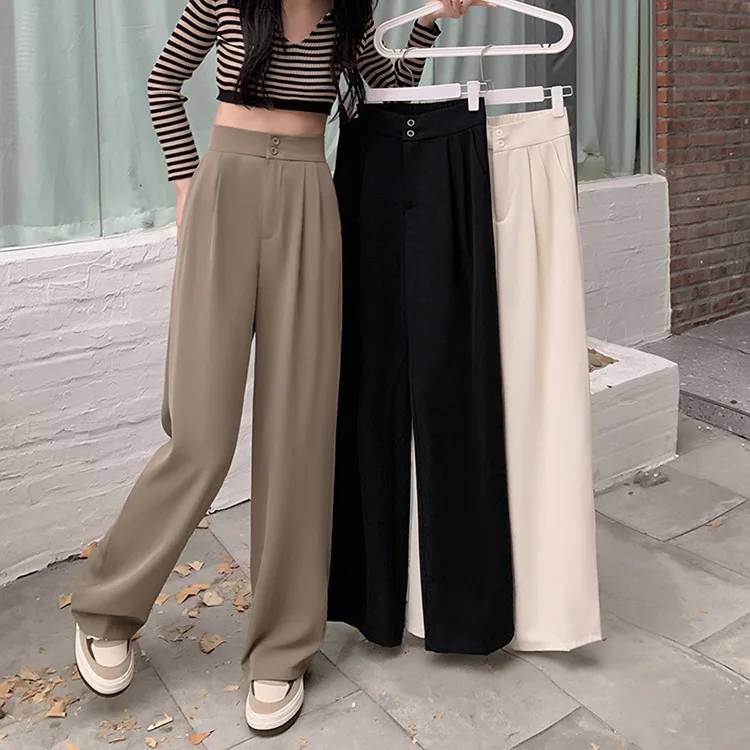 Spring High Waist Asymmetric Women's Loose Casual Pants Long Straight Leg Trousers Comfortable Polyester Fiber Ladies Faion
