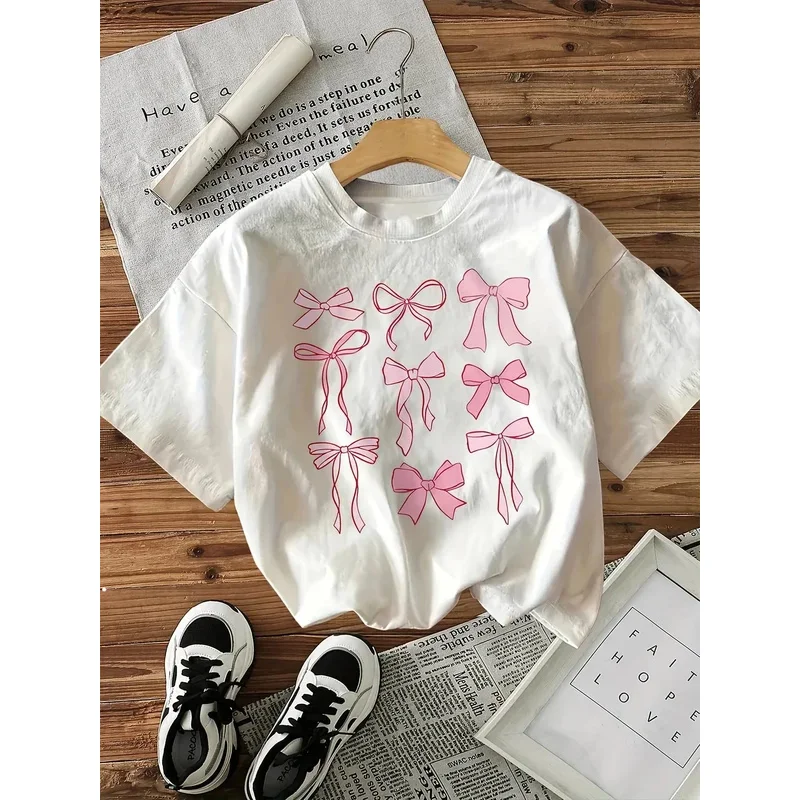 

Pink Bow Print T-shirt Women'S Vintage Style Casual Printed T Shirt Bo Short Sleeve Top Tee Kawaii Clothes Women Clothing
