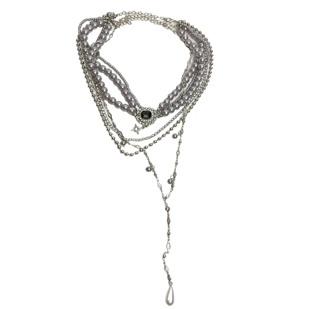 

Multi-layered silver-gray pearl necklace women's retro collarbone chain light luxury high-end accessories