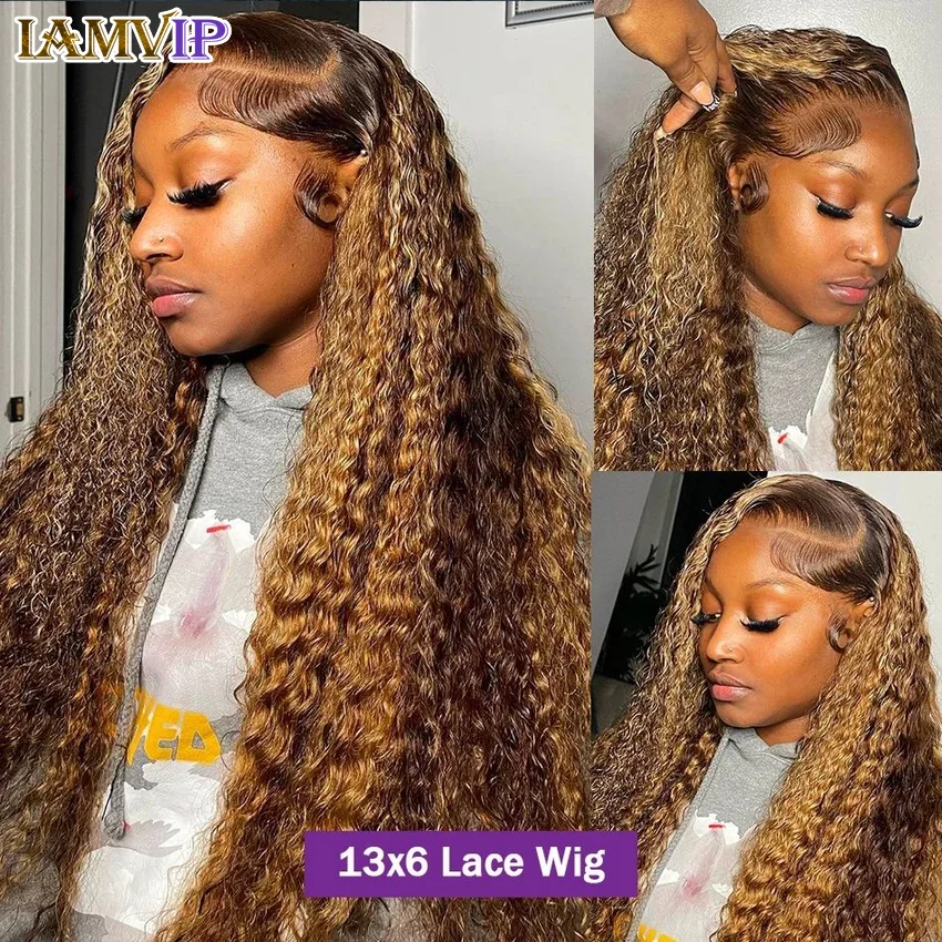 30 36 Inch 250% Water Highlight Kinky Curly Hd 13x4 13x6 Frontal Human Hair Wigs Ombre 4/27 Water 4x4 Lace Closure Glueless Wear