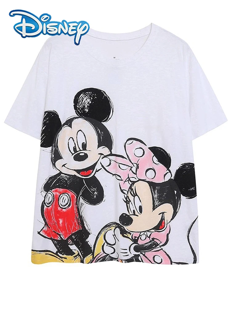 

Disney T-Shirt Minnie Mickey Mouse Cartoon Print Fashion Women O-Neck Pullover Short Sleeve White Tee Tops Female Streetwear