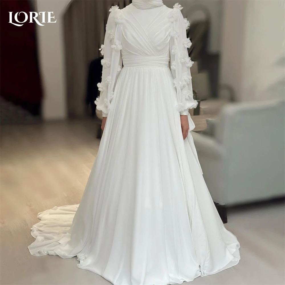 

LORIE Muslim Lace Wedding Dresses Pleats A-Line 3D Flowers Pleats Lantern Sleeves Bridal Gowns Princess Pure 2024 Bride Dress