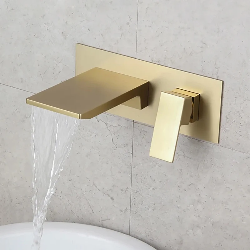 

Waterfall Wall Mount Bathtub Sink Faucet Brushed Gold Single Handle 2 Hole Lavatory Faucet Tub Filler Basin Mixer Tap