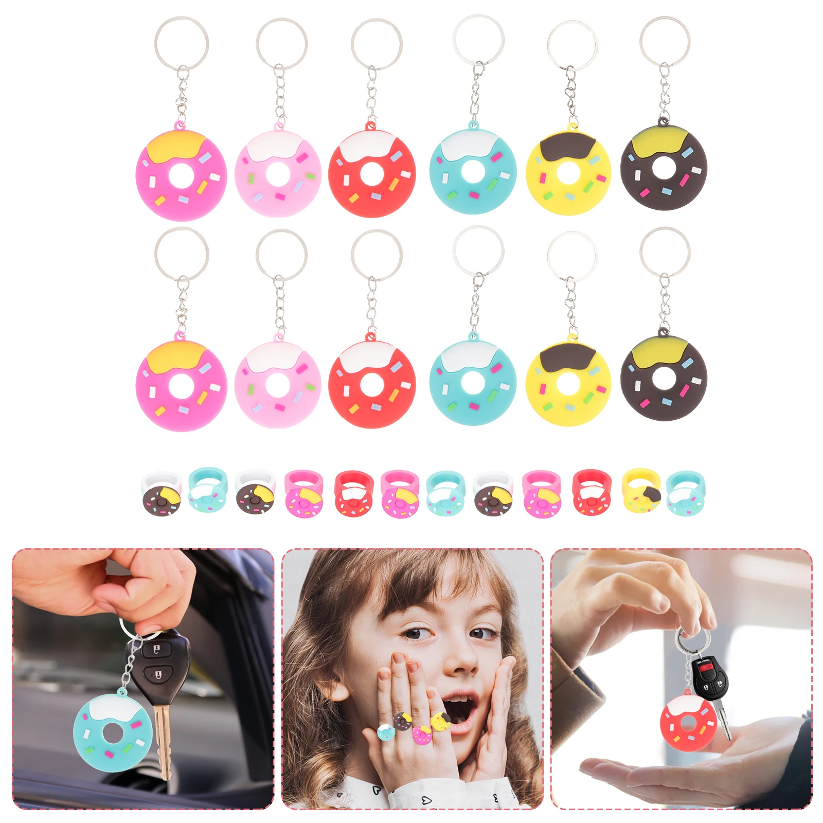 24 pçs donut anel chaveiro pvc cola macia favores presentes de aniversário crianças bolsas carro casa porta chaves natal dia das bruxas