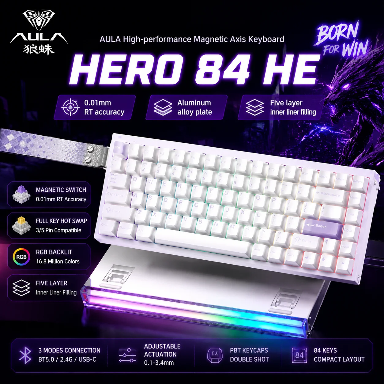 

AULA Hero 84he Magnetic Switch Gaming Keyboards Neon Light Box RGB Custom Wired Mechanical Keyboard PC E-Sports Accessory Gifts