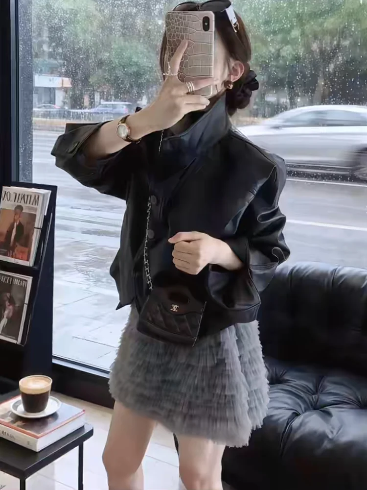 Sli Bla ort Motorcycle Jaet Cool Sle Faion da donna Primavera 2026 Nuovo arrivo Stand Fit Cappotto in pelle Top