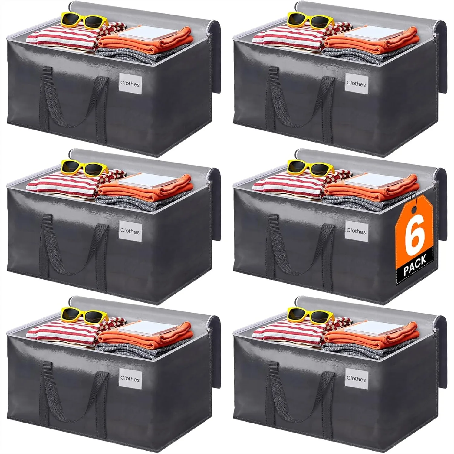 

6 Pack Moving Bags Heavy Duty with Zipper & Handles, Storage Bags for College Dorm Supplies, Foldable Space-saving Totes (93L