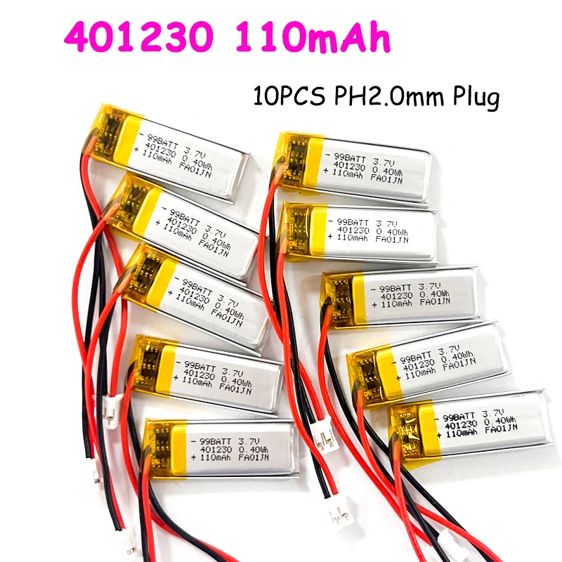 10pcs 401230 3.7V 110mAh Li-po Battery Rechargeable Polymer Lithium Batteries for Mp3 Bluetooth Speaker Headphone LED Light Toys