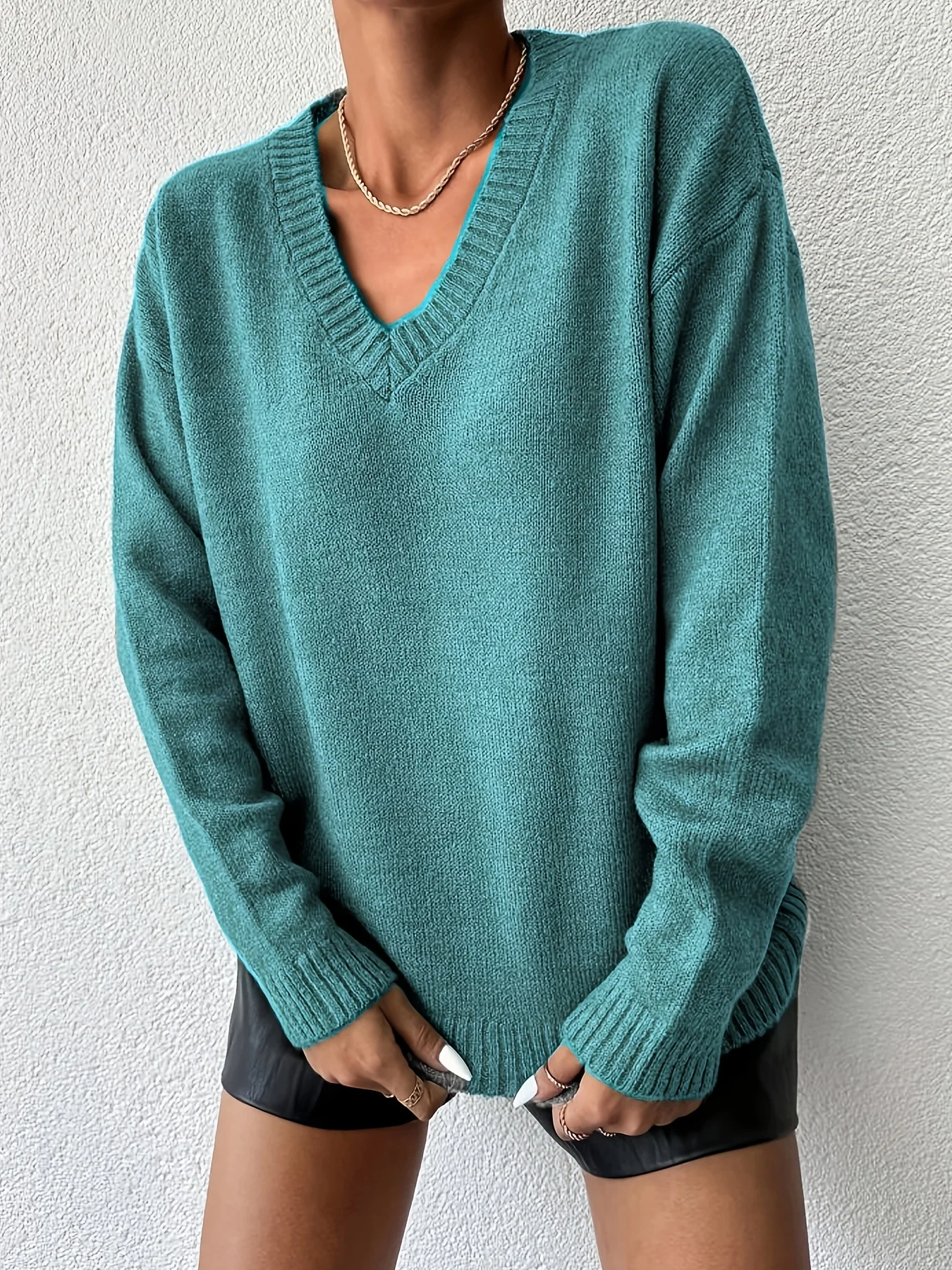 Plus Size V Neck Sweater Women Loose Casual Long Sleeve Acrylic Knitted Pullover Autumn Winter image 3