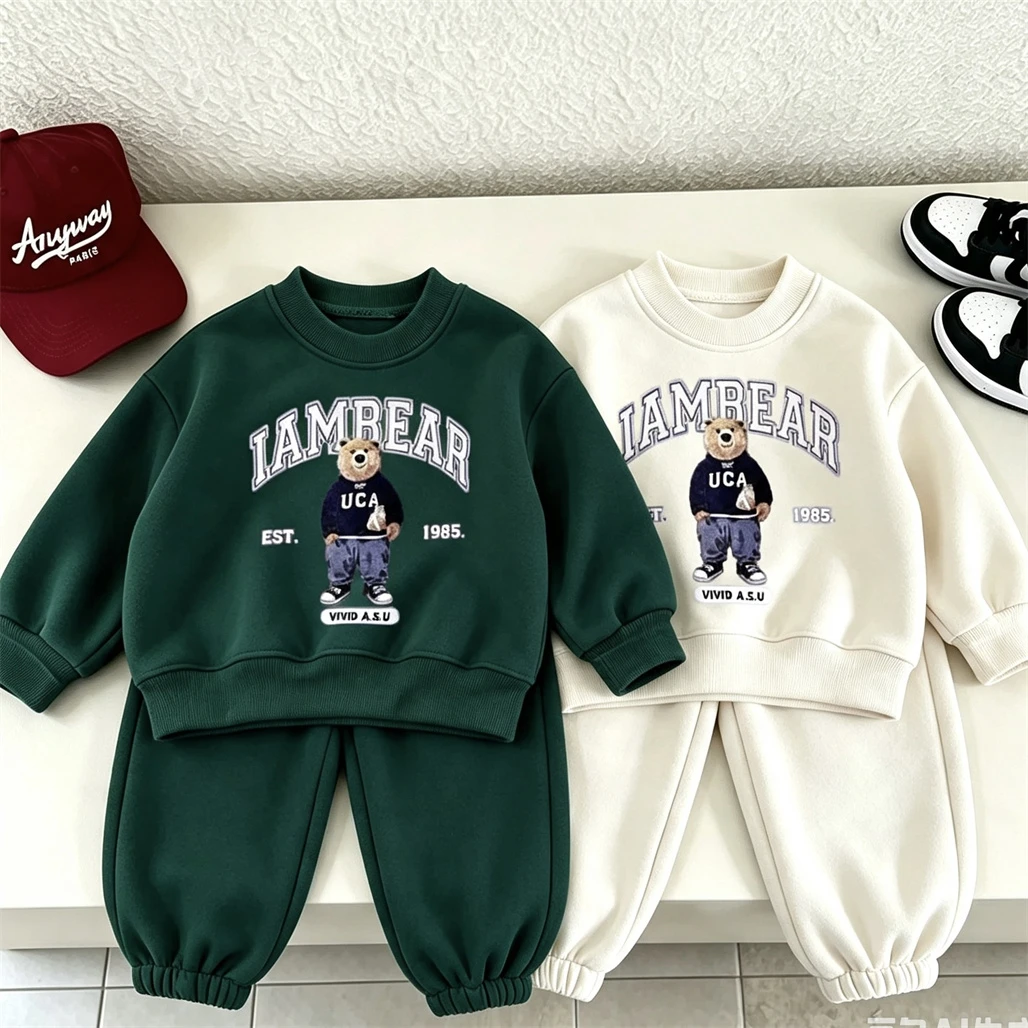 Cartoon Hoodies Loose Pants Two Piece Set Child Spring Autumn Clothing Kids Casual Loose Pullovers Solid Color Versatile Pants