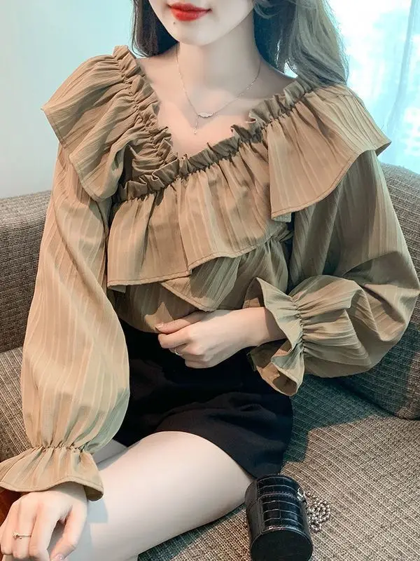 Lotus Leaf Edge Cross One Neck Chiffon Shirt Design Sense Off the Shoulder Niche Shirt High-end Top