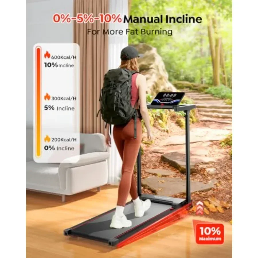 Home office walking pad treadmill with adjustable handle bar and incline, foldable portable design, LED display, app remote con