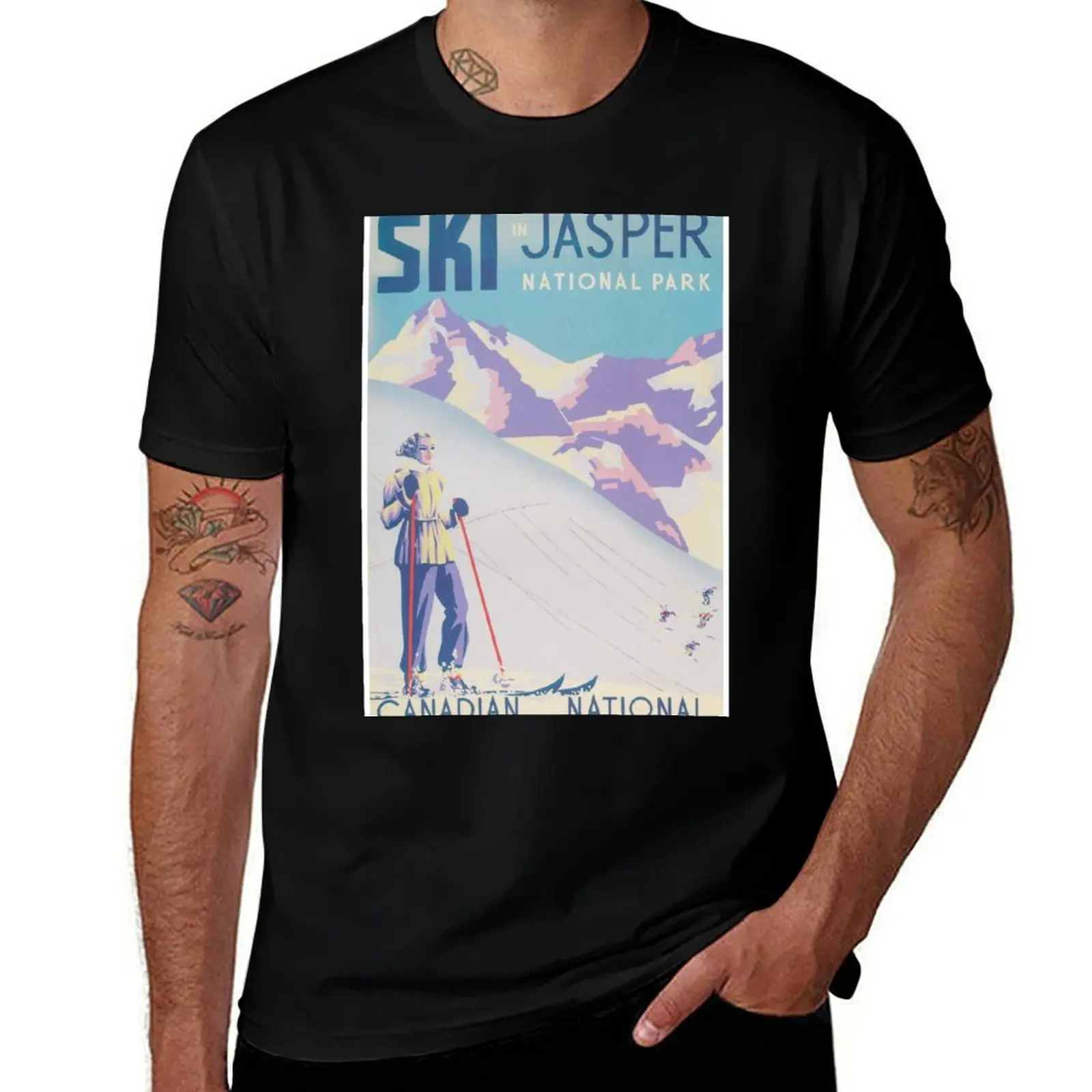 Ski in Jasper National Park Canada Vintage Ski Travel Poster T-Shirt Large Size Casual Tee Shirt T-Shirt